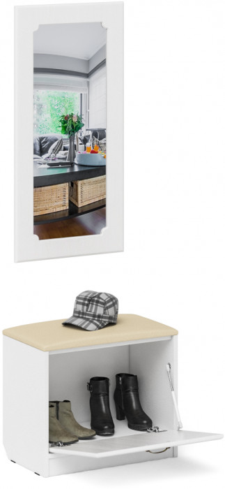 Прихожая П-6 Тумба + Зеркало, цвет белая шагрень/фасады МДФ белое дерево фрезеровка ромб, ШхГхВ 60х35х200 см.