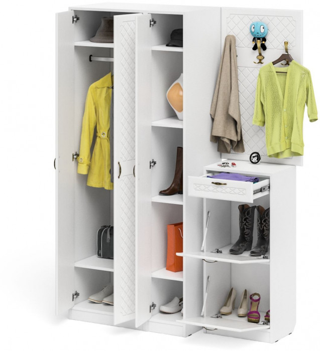 Прихожая П-6 Компоновка № 50, белая шагрень/фасады МДФ белое дерево фрезеровка ромб