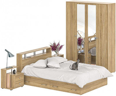 Камелия спальня № 8 Кровать с ящиками 1400 + Две тумбы + Шкаф 4-х створчатый, дуб сонома