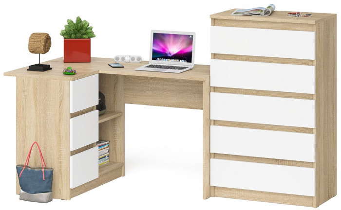 Мори Стол компьютерный МС-16 левый + Комод МК700.5, цвет дуб сонома/белый, ШхГхВ 194,8х84,9х114 см., выдвижные ящики слев, НЕ универсальная сборкаа