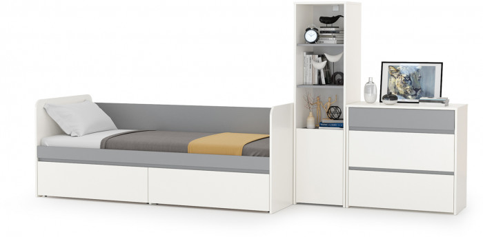 Торонто Компоновка № 24, цвет белый шагрень/стальной серый, ШхГхВ 314х84,4х149,7 см., сп. м. 800х1900 мм., б/м, основание есть, универсальная сборка