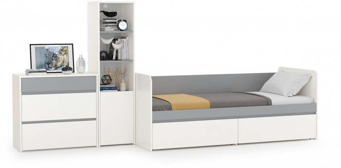 Торонто Компоновка № 24, цвет белый шагрень/стальной серый, ШхГхВ 314х84,4х149,7 см., сп. м. 800х1900 мм., б/м, основание есть, универсальная сборка