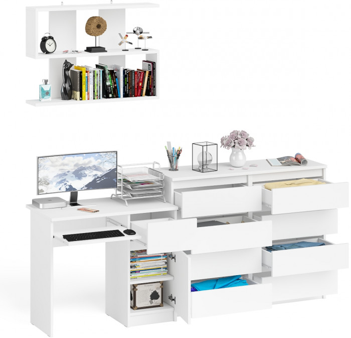 Мори компьютерный стол МС-1 правый + Комод МК1200.8 + Полка 900, белый