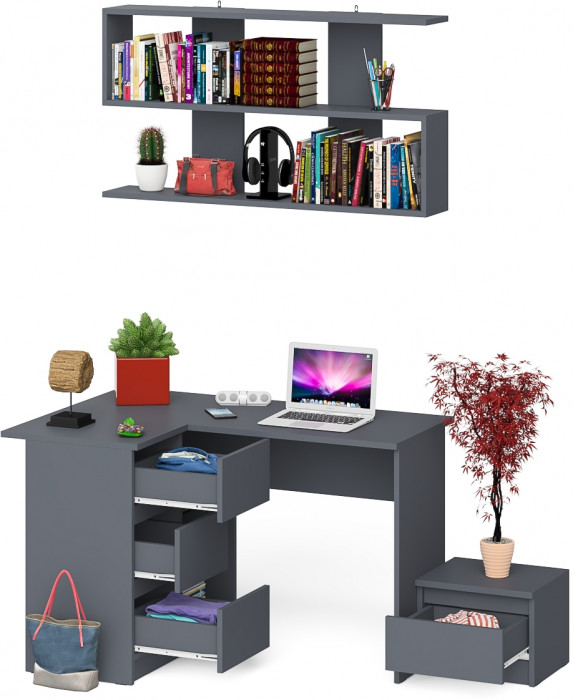 Мори компьютерный стол МС-16 левый + Тумба ТМП400.1 + Полка 1200, графит