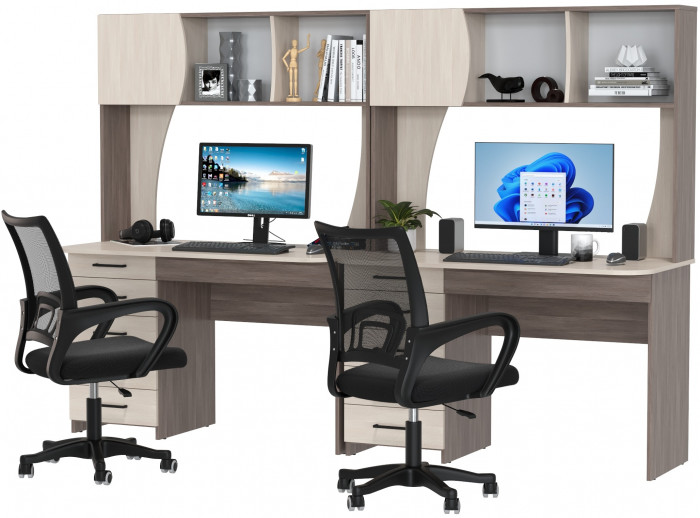 Два стола рабочих 6-0606 Сигма + два кресла 103 чёрных, цвет бодега тёмный/бодега светлый, ШхГхВ 241х60,5х166 см., НЕ универсальная сборка