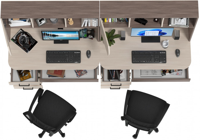 Два стола рабочих 6-0606 Сигма + два кресла 103 чёрных, цвет бодега тёмный/бодега светлый, ШхГхВ 241х60,5х166 см., НЕ универсальная сборка