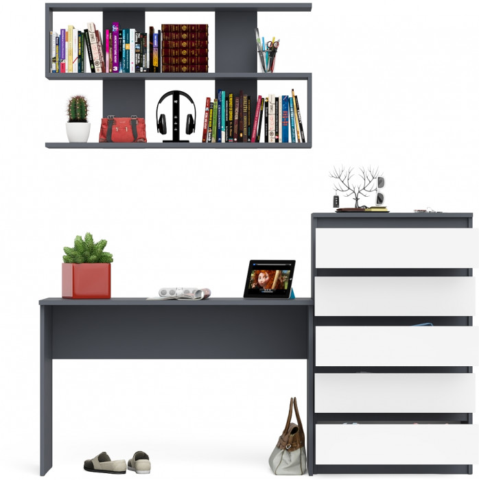 Мори письменный стол МСП1200.1 + Комод МК700.5 + Полка 1200, графит/белый