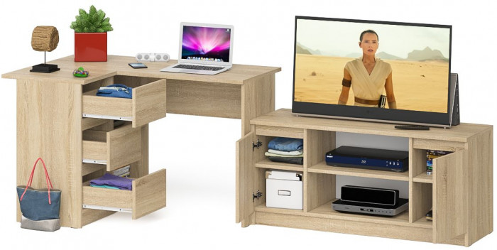 Мори Стол компьютерный МС-16 левый + Тумба МТВ1200.1, цвет дуб сонома, ШхГхВ 244,8х84,9х76,6 см., выдвижные ящики слева, НЕ универсальная сборка