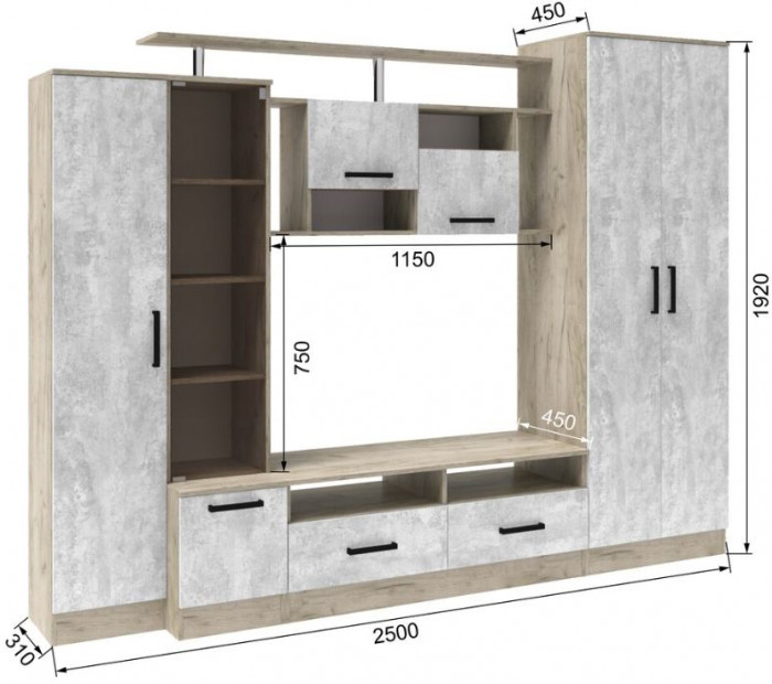 Гостиная Оскар-5 (2500*1920*450) дуб крафт серый/цемент