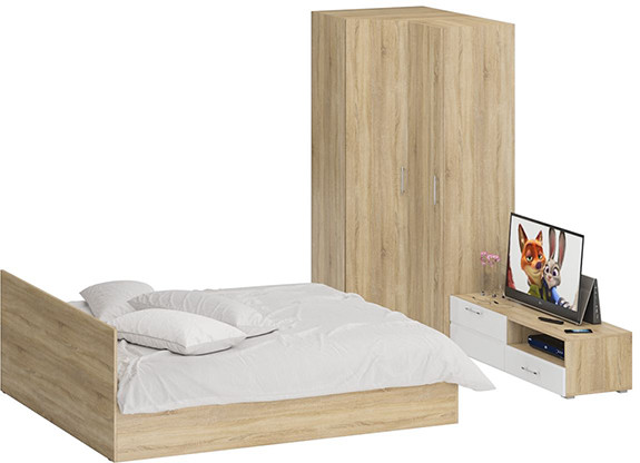 Спальня Стандарт 4-1800, дуб сонома/фасады ТВ тумбы МДФ белый глянец