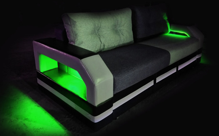 Диван-еврокнижка Манчестер 160х200, с подсветкой, велюр/экокожа коричневая/серая