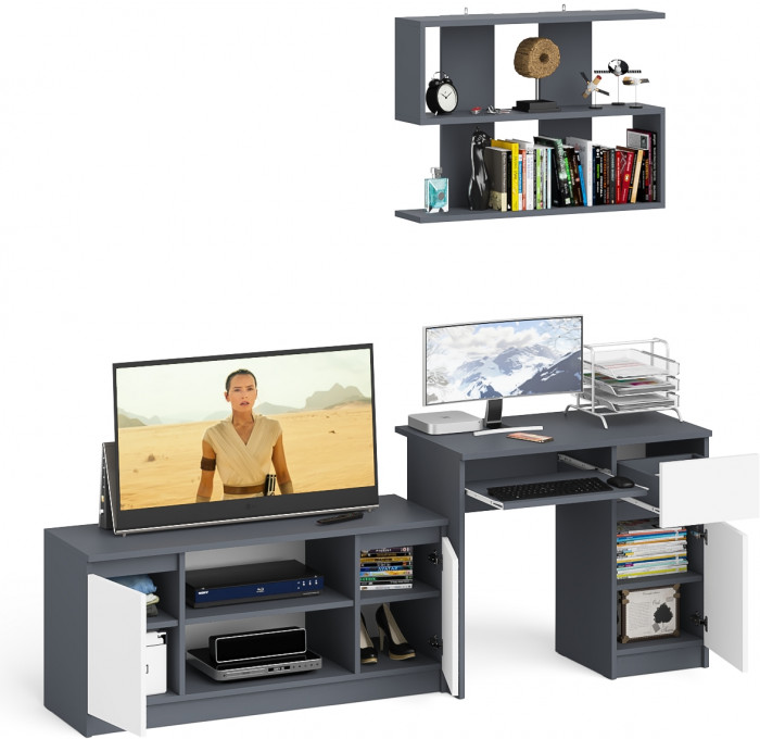 Мори компьютерный стол МС-1 правый + Тумба МТВ1200.1 + Полка 900, графит/белый