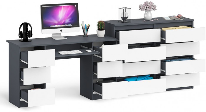 Мори компьютерный стол МС-2 + Комод МК1200.8, графит/белый