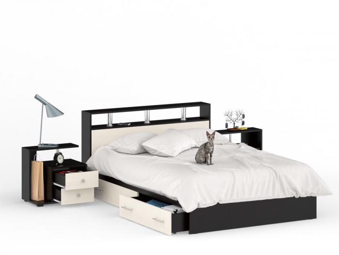 Камелия Кровать с ящиками 1400 + две тумбы, венге/дуб лоредо