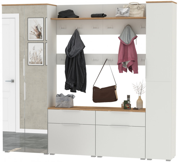 Октава Прихожая 33, цвет белый шагрень/дуб крафт золотой/фасады МДФ белый шагрень, ШхГхВ 226,4х35,4х197,6 см., универсальная сборка