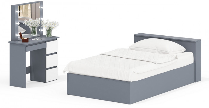Ксения Кровать с ящиками 1200 + Стол косметический с подсветкой Сура, графит/белый