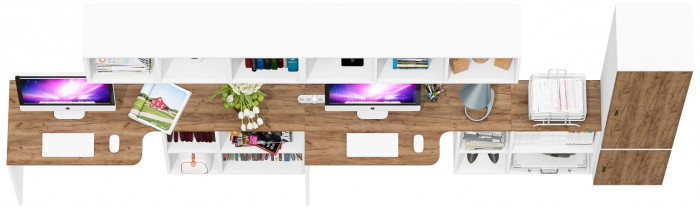 Лидер-8 Стол + Полка + Стол + Полка + Пенал МД 22Б, белый шагрень/крафт золото