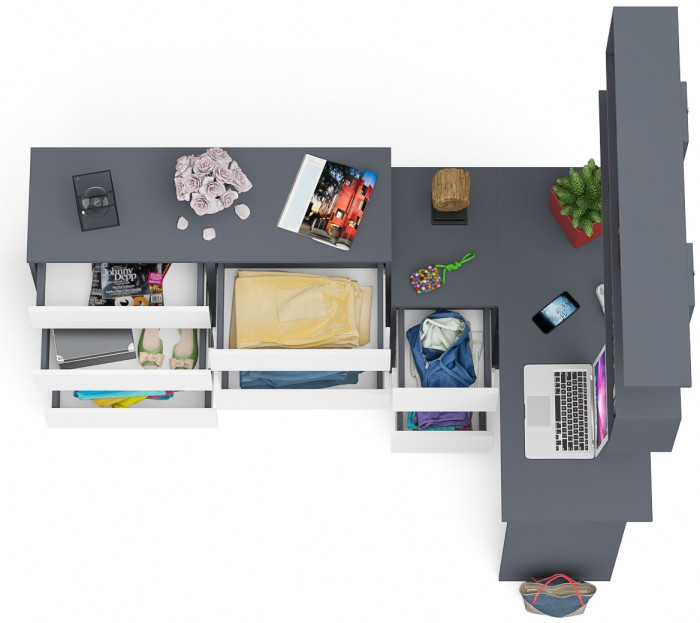 Мори компьютерный стол МС-16 левый + Комод МК1200.8 + Полка 1200, графит/белый