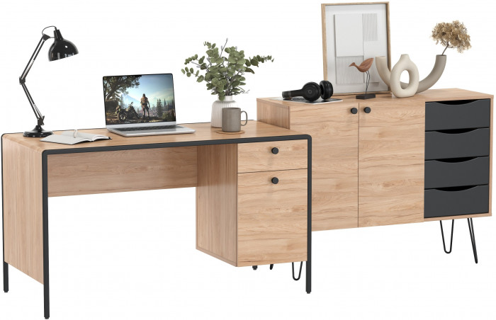 Брюс Стол письменный 12.157 + Комод 16.233, цвет чёрный/Battle rock Santiago/столешница МДФ ель карпатская, 243,4х62,6(38,3)х75(85,6) см., ун. сб.