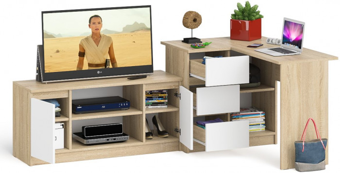 Мори Стол компьютерный МС-16 левый + Тумба МТВ1200.1, цвет дуб сонома/белый, ШхГхВ 244,8х84,9х76,6 см., выдвижные ящики слев, НЕ универсальная сборкаа