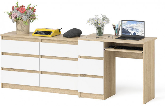 Мори Стол компьютерный МС-6 левый + Комод МК1200.6, цвет дуб сонома/белый, ШхГхВ 210,4х50х76,6 см., выдвижные ящики слева, НЕ универсальная сборка