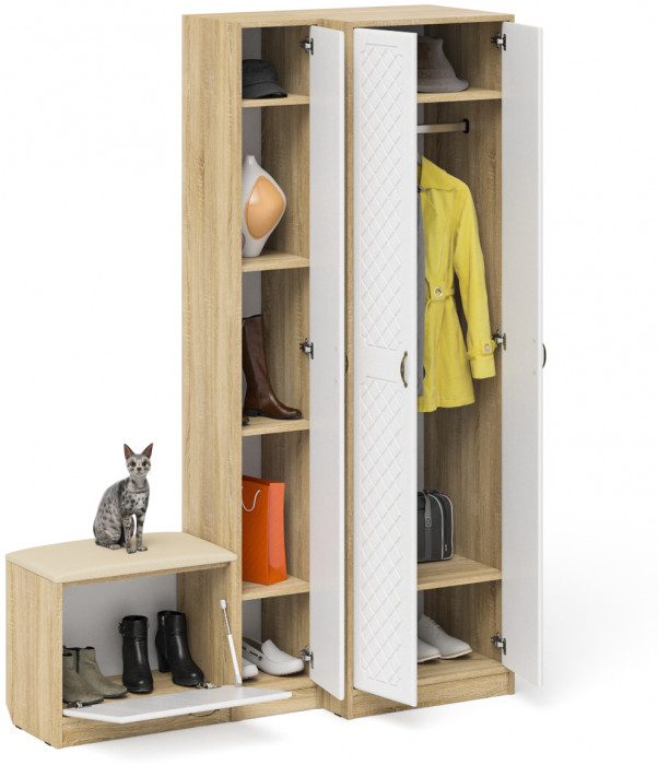 Прихожая П-6 Компоновка № 25, дуб сонома/фасады МДФ белое дерево фрезеровка ромб