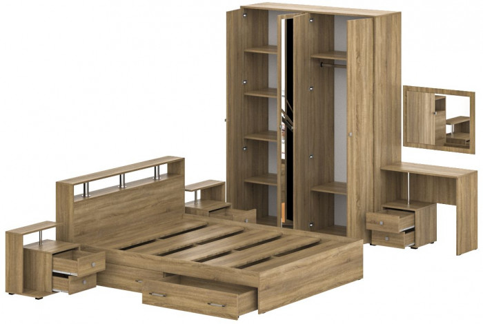 Камелия спальня № 9 Кровать с ящиками 1600 + Две тумбы + Стол космет. + Зеркало + Шкаф 4-х, дуб сонома