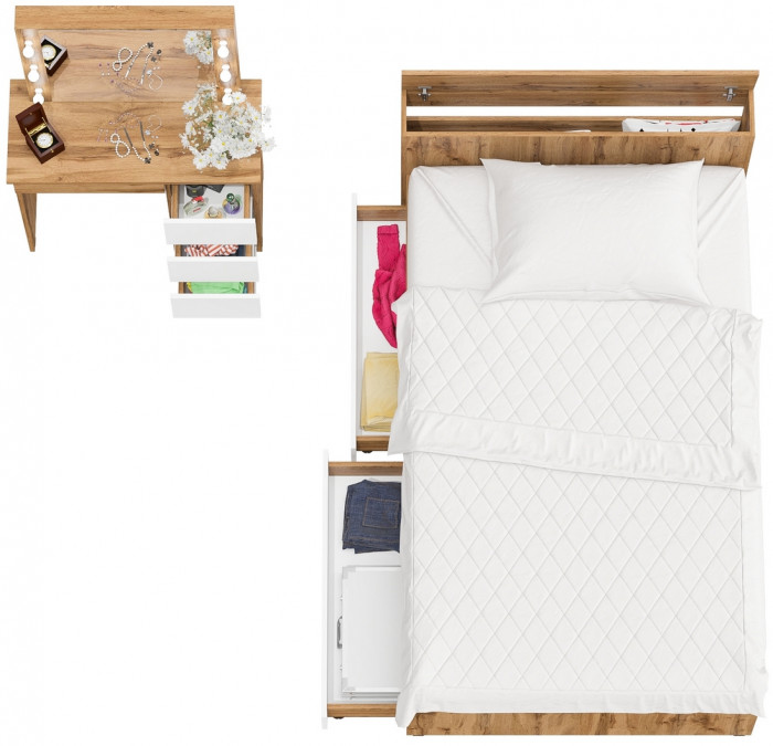 Ксения Кровать с ящиками 1200 + Стол косметический с подсветкой Сура, дуб вотан/белый