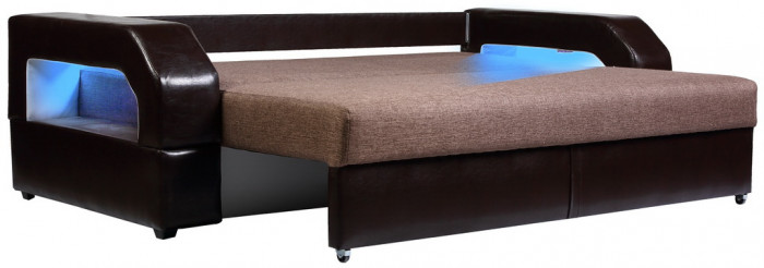Диван-еврокнижка Манчестер 160х200, с подсветкой, велюр/экокожа коричневая