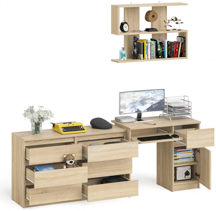 Мори компьютерный стол МС-1 правый + Комод МК1200.6 + Полка 900, дуб сонома