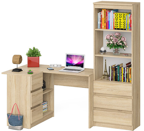 Мори компьютерный стол МС-16 левый + Стеллаж МСТ600.3, дуб сонома
