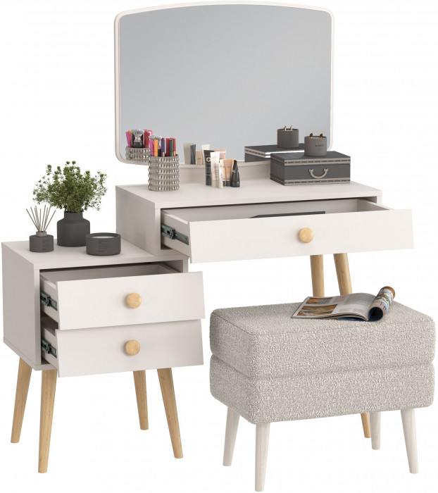 Афина Спальня 4-25901М1к.с. Трюмо + Банкетка 6-5138ТКШсв.серый Тифани, цвет кашемир серый/ткань светло-серая, ШхГхВ 105х38,6х129 + 55х33х46 см, ун. сб