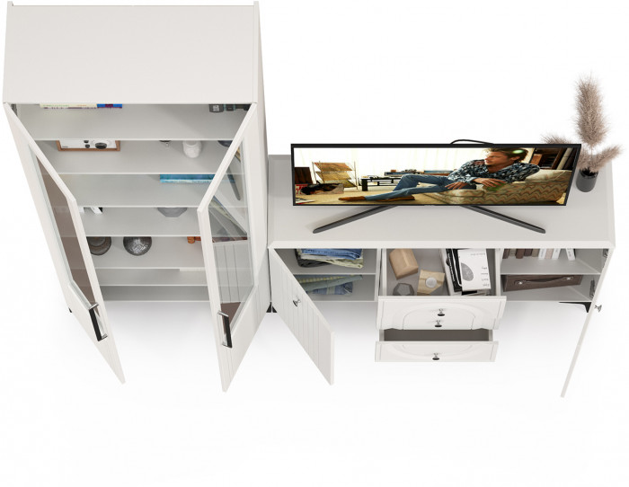 Валенсия Гостиная № 095, цвет ЛДСП белый шагрень/МДФ белый шагрень, ШхГхВ 217,3х38,4х225,2 см., универсальная сборка