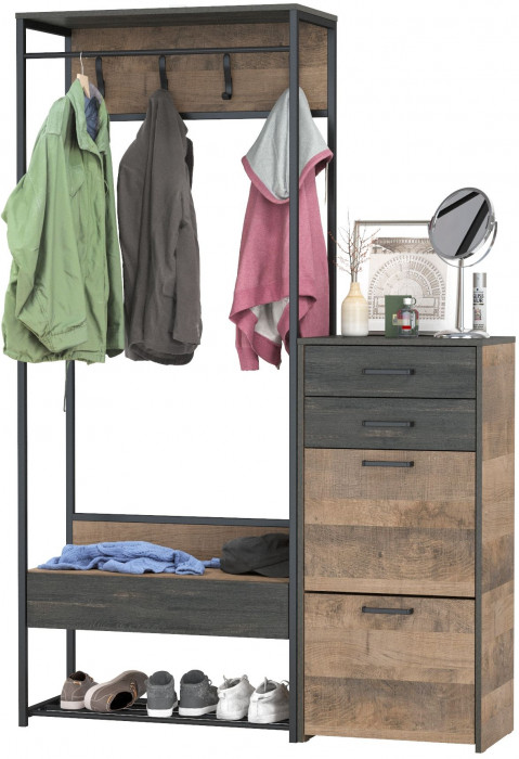 Трувор 15.120 Прихожая + 13.241.06 Тумба для обуви, цвет дуб гранж песочный/интра, ШхГхВ 130х37х194,2 см., универсальная сборка