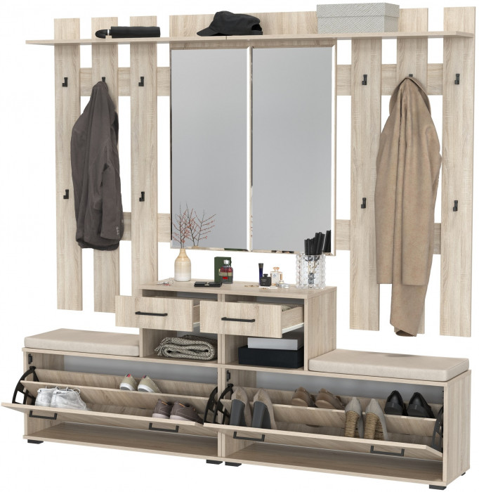 Лира ГК Прихожая 2 Два х Тумба под обувь + Два х Вешалка с зеркалом, цвет дуб сонома, ШхГхВ 200х33х185 см., универсальная сборка
