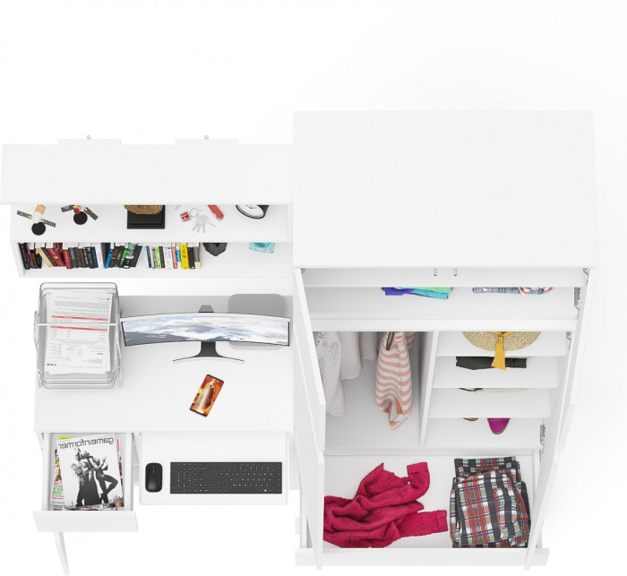 Мори Стол компьютерный МС-1 левый + Шкаф МШ900.1 + Антресоль МА900.1 + Полка 900, цвет белый, ШхГхВ 180,4х50,4х234,2 см., НЕ универс. сборка