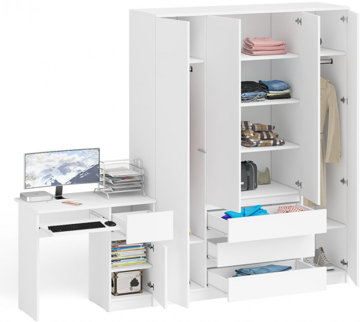 Мори Стол компьютерный МС-1 правый + Шкаф МШ1600.1, цвет белый, ШхГхВ 250,4х50,4х209,6 см., выдвижной ящик справа, НЕ универсальная сборка