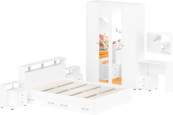 Камелия спальня № 9 Кровать с ящиками 1600 + Две тумбы + Стол косметич. + Зеркало + Шкаф 4-х, белый