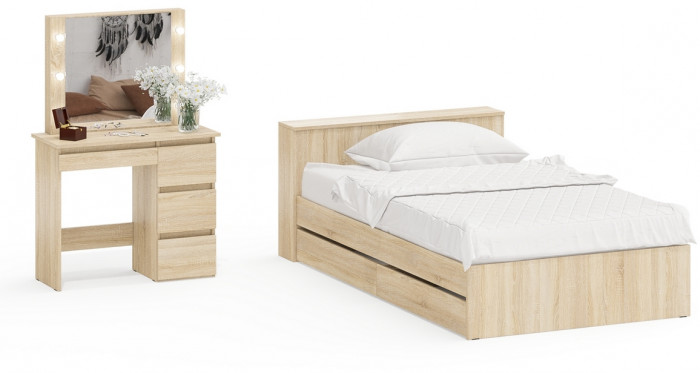 Ксения Кровать с ящиками 1200 + Стол косметический с подсветкой Сура, дуб сонома