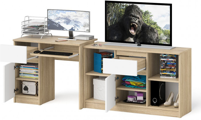 Мори компьютерный стол МС-1 левый + Тумба МТВ1204.1, дуб сонома/белый