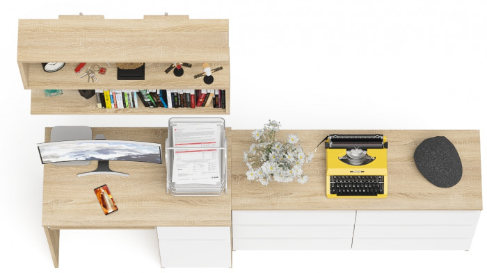 Мори компьютерный стол МС-1 правый + Комод МК1200.6 + Полка 900, дуб сонома/белый