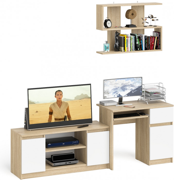 Мори компьютерный стол МС-1 правый + Тумба МТВ1200.1 + Полка 900, дуб сонома/белый