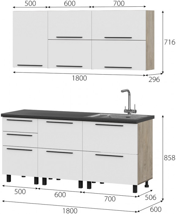 Кухня Этна 1.8 м. Комплект 1, софт вайт