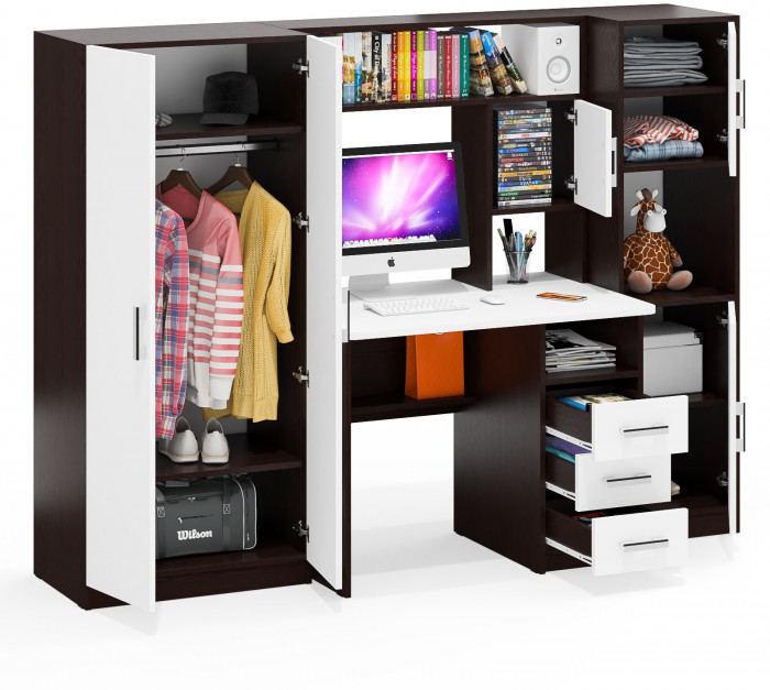 Стол компьютерный С-МД-СК9+Пенал С-МД-СК9П+Шкаф С-МД-СК9Ш, цвет венге/белый шагрень, ШхГхВ 215х70х160 см., НЕ универсальная сборка
