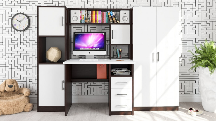 Стол компьютерный С-МД-СК9+Пенал С-МД-СК9П+Шкаф С-МД-СК9Ш, цвет венге/белый шагрень, ШхГхВ 215х70х160 см., НЕ универсальная сборка