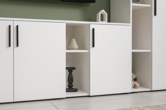 Эйр Гостиная 16.55 Тумба под ТВ, цвет белый шагрень, ШхГхВ 140х38,3х62,7 см., универсальная сборка