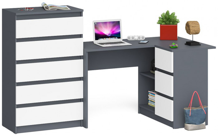 Мори компьютерный стол МС-16 правый + Комод МК700.5, графит/белый
