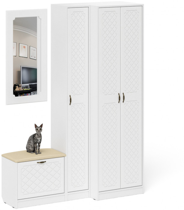 Прихожая П-6 Компоновка № 26, белая шагрень/фасады МДФ белое дерево фрезеровка ромб