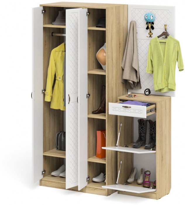 Прихожая П-6 Компоновка № 50, дуб сонома/фасады МДФ белое дерево фрезеровка ромб