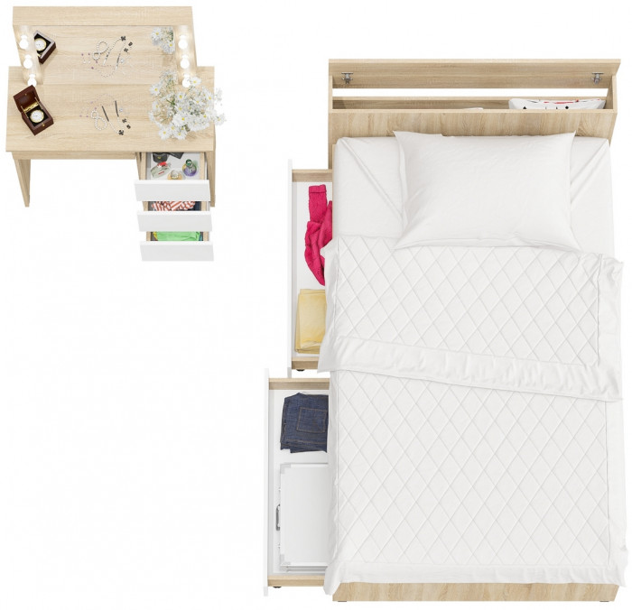 Ксения Кровать с ящиками 1200 + Стол косметический с подсветкой Сура, дуб сонома/белый